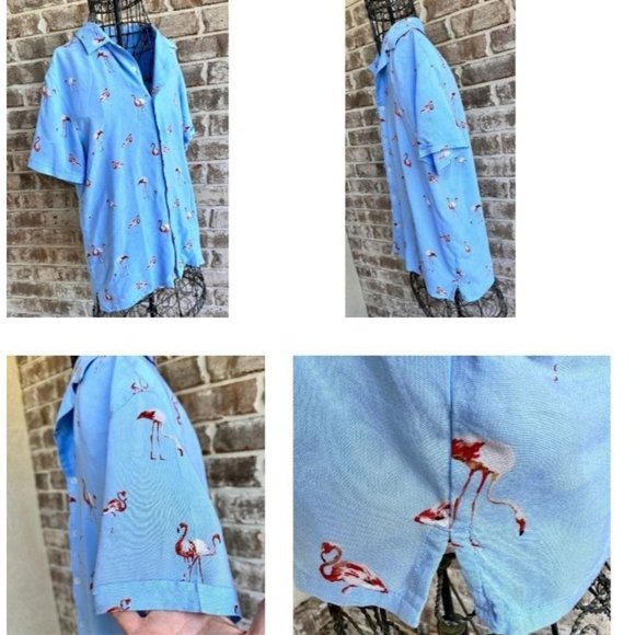 VTG Flamingo Shirt Medium Nickel Iron Blue Front Button Hawaiian Cruise … - Picture 10 of 12